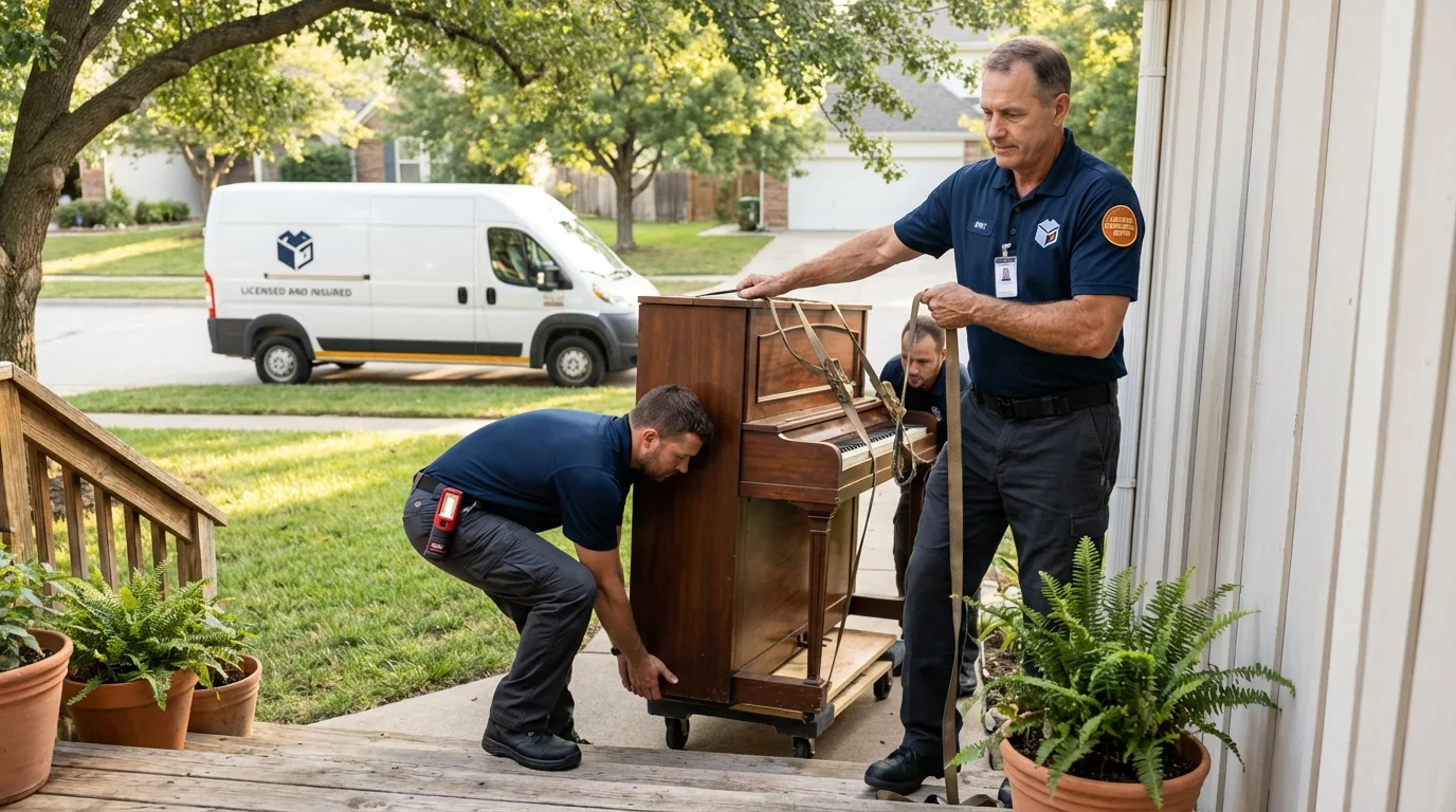 Licensed piano movers securing grand piano in Mission, KS