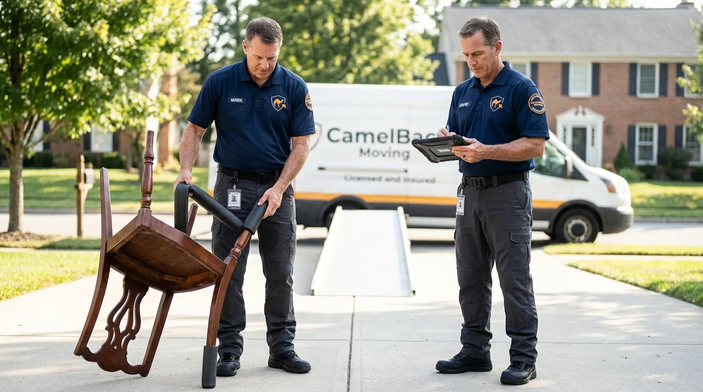 Movers inspecting furniture for damage prevention before loading in Mission, KS